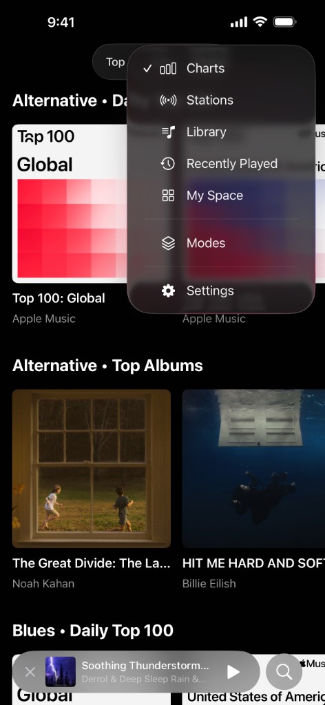 Music Mode — browse charts, library, and playback